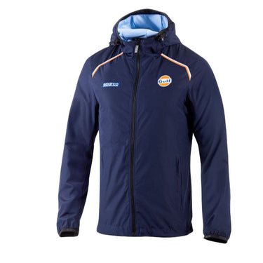Front view of Sparco Gulf SL Windbreaker in navy with Gulf and Sparco logos, orange shoulder piping, and full zip hooded design